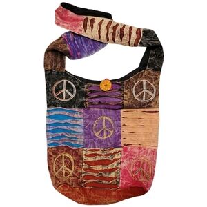 Bohemian Colorful Patchwork Peace Sign Shoulder Bag Purse Slingbag Artsy Boho